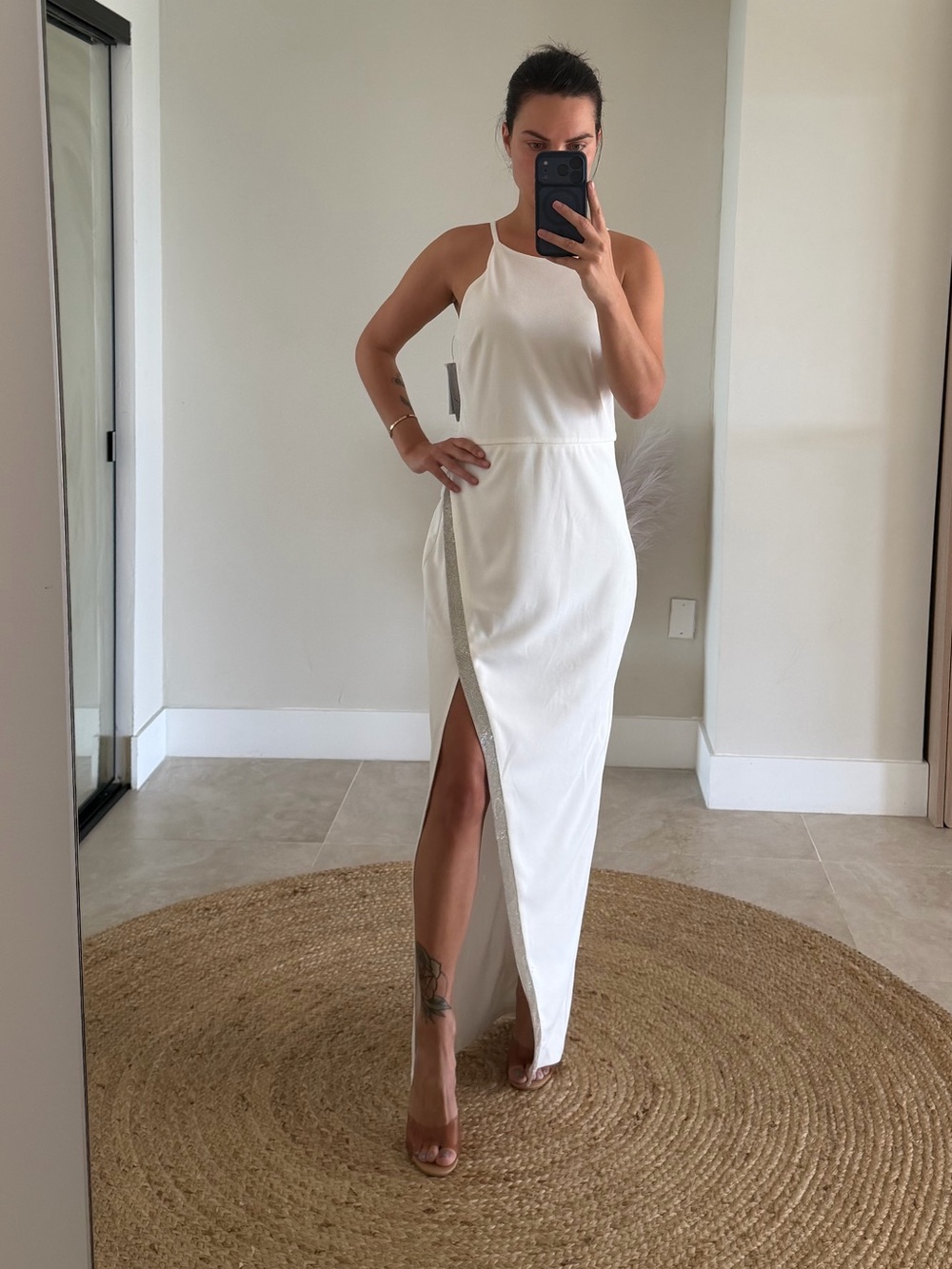 BCX White Halter Maxi Dress with Side Slit and Metallic Trim